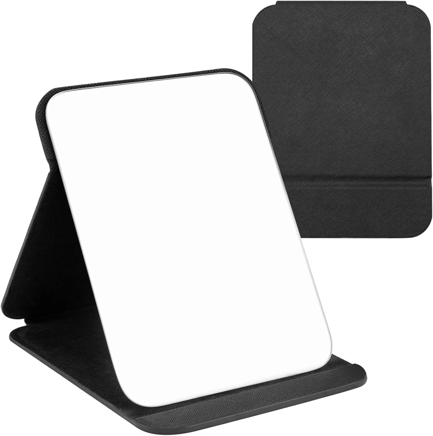 آینه تاشو قابل حمل، 16x11 سانتی متر آینه آرایش فشرده سوپر HD، آینه مسافرتی چرمی PU مشکی، آینه کوچک رومیزی ایستاده، آینه صورت تاشو رومیزی برای میز کار