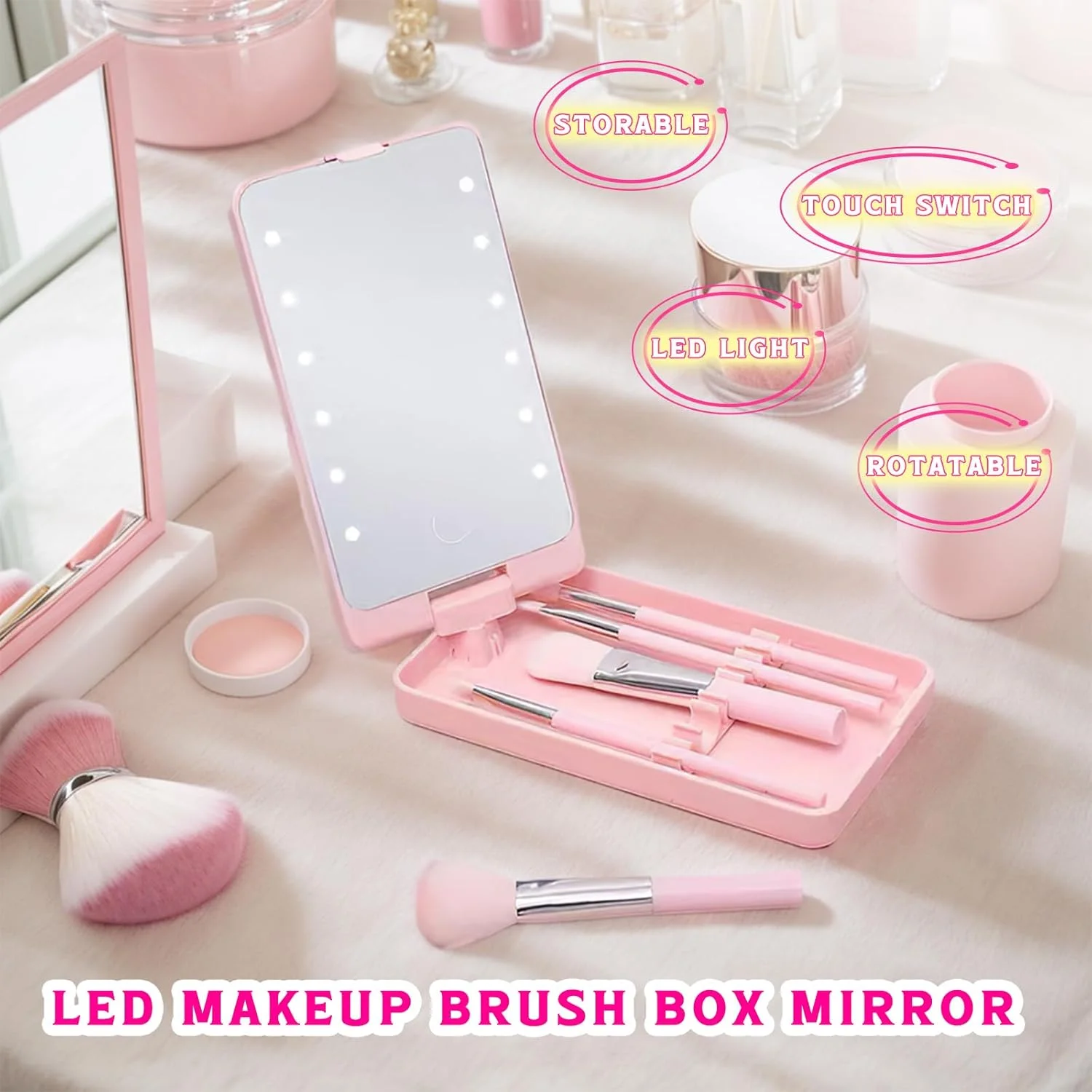 آینه جیبی با پنج برس آرایشی، آینه آرایشی مسافرتی LED جمع و جور، آینه کوچک آرایشی قابل حمل و شارژ با نور برای کیف پول، کیف دستی، جیب، هدیه، تاشو، دستی (صورتی)