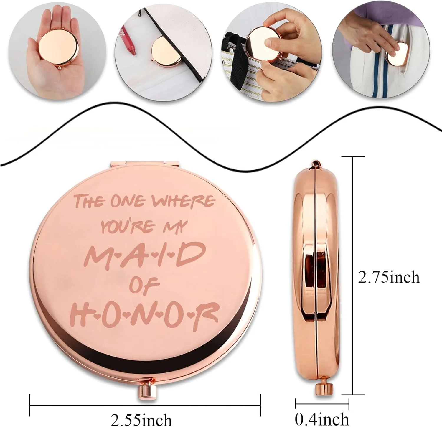 آینه جیبی PLITI ساقدوش عروس، هدیه جشن عروسی، آینه جیبی عروسی با نوشته "همان جایی که تو ساقدوش من هستی" (Where Maid Honor CMrgU)