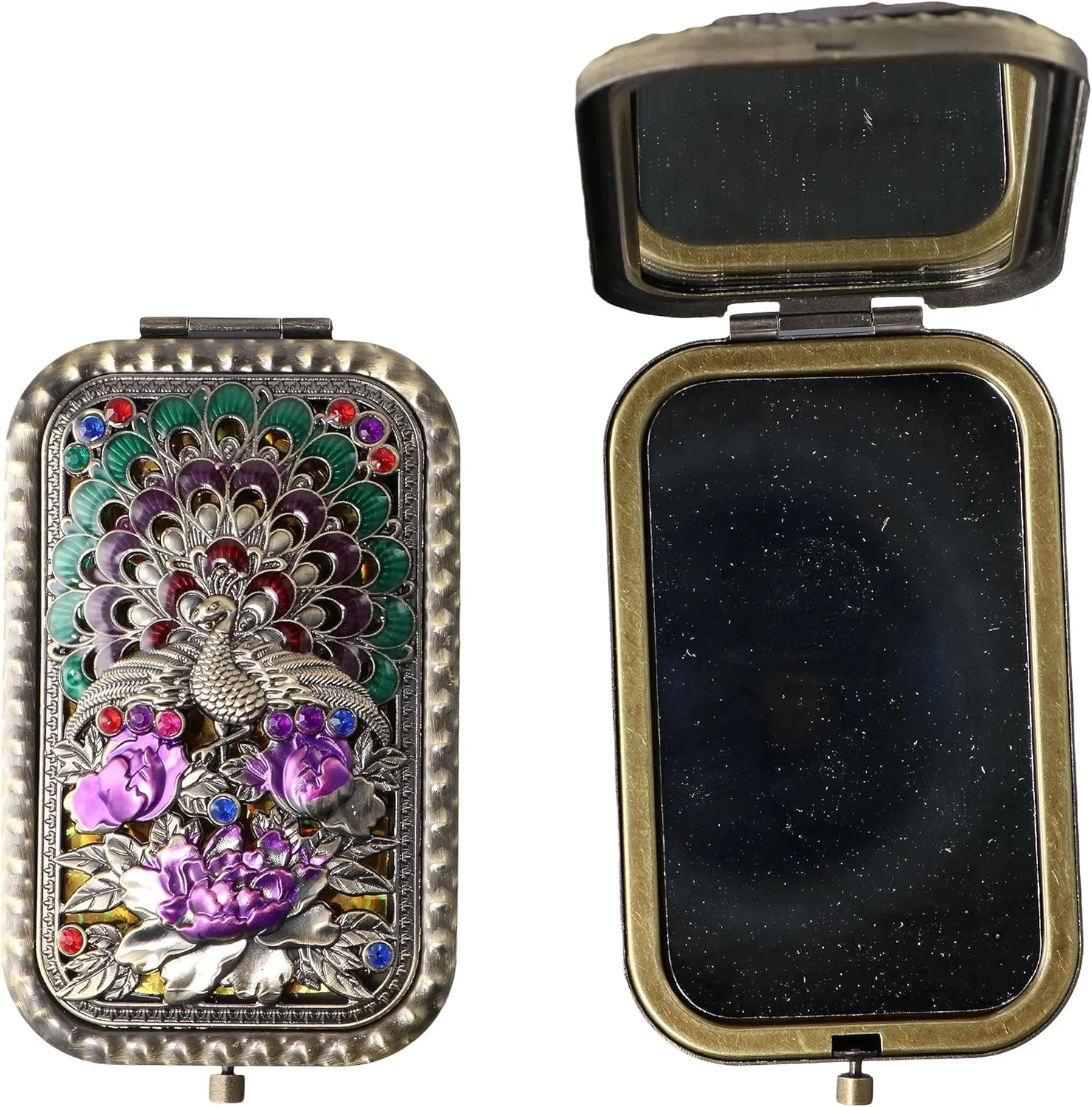 آینه جیبی کوچک تاشو دو عددی Pokinge، آینه آرایشی فلزی طاووسی یکپارچهسازی با سیستم عامل تاشو دو طرفه قابل حمل با بزرگنمایی 2 برابر برای مسافرت