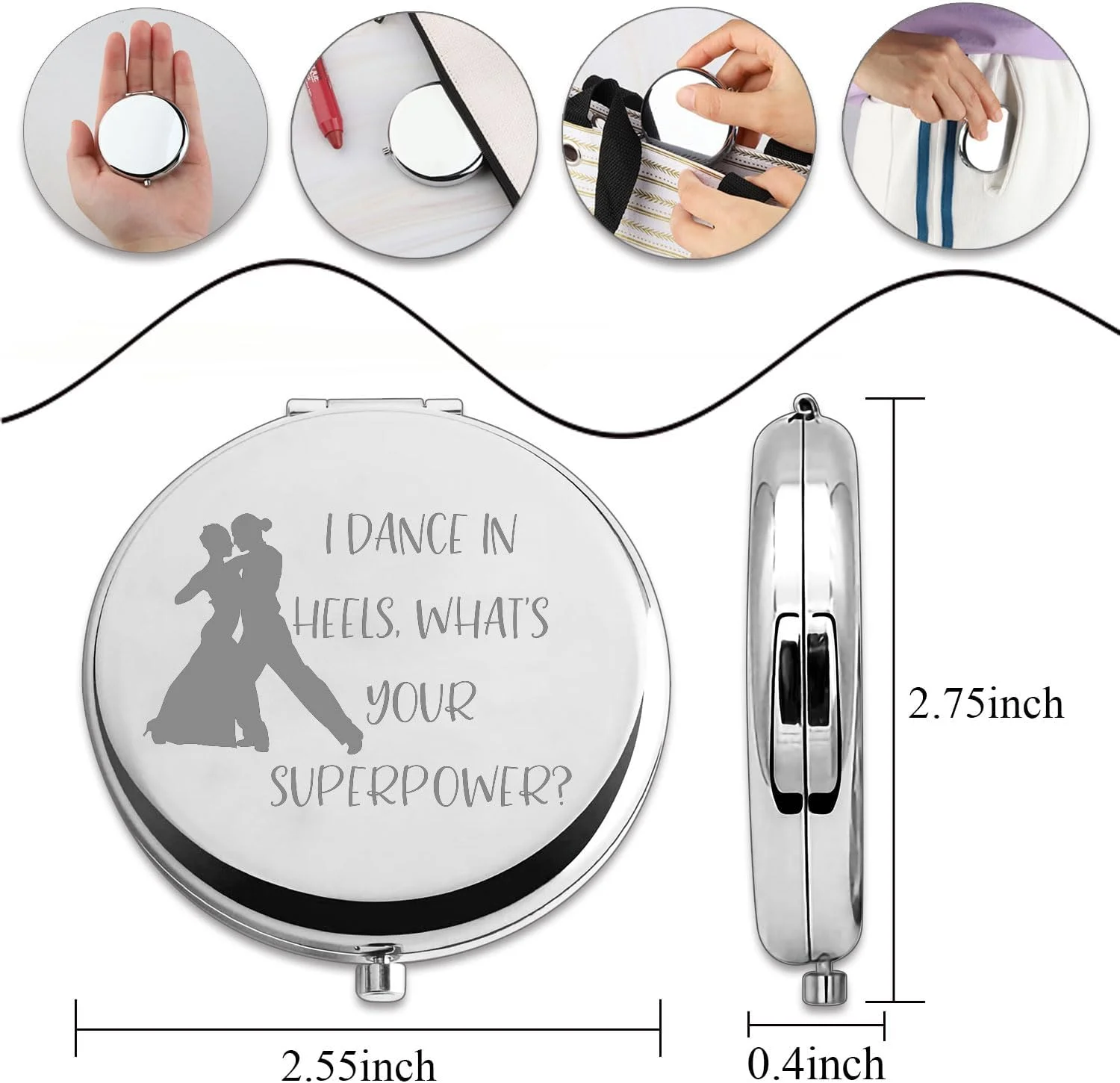 آینه جیبی رقص PLITI، هدیه ای برای رقصندگان سالن رقص، من با پاشنه بلند می رقصم، قدرت فوق العاده شما چیست؟ آینه جیبی برای دوستداران رقص (پاشنه رقص CM U)