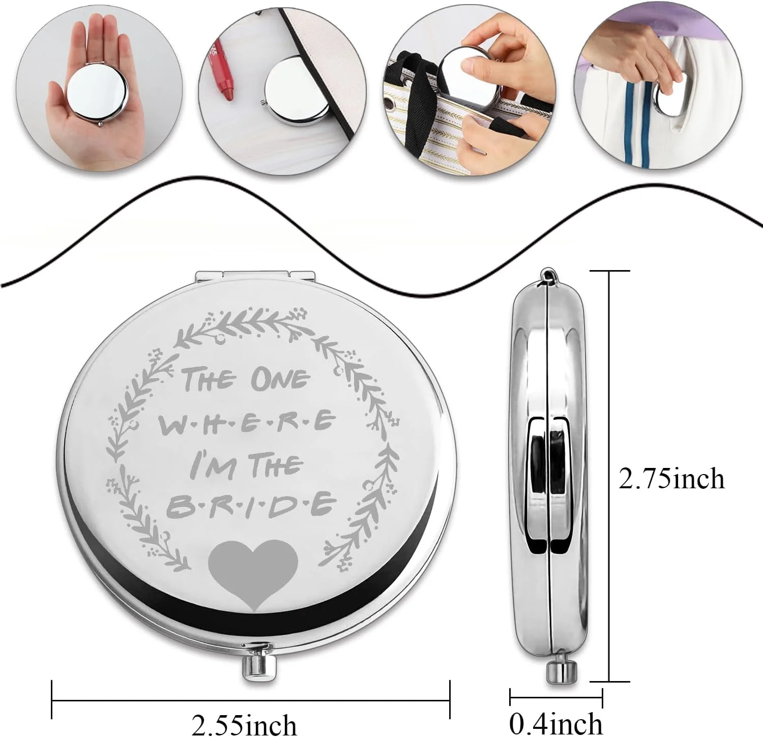 آینه جیبی عروس PLITI، هدیه عروسی، هدیه جشن عروسی، آینه جیبی "همان جایی که من عروس هستم" برای زنان (CM U عروس)