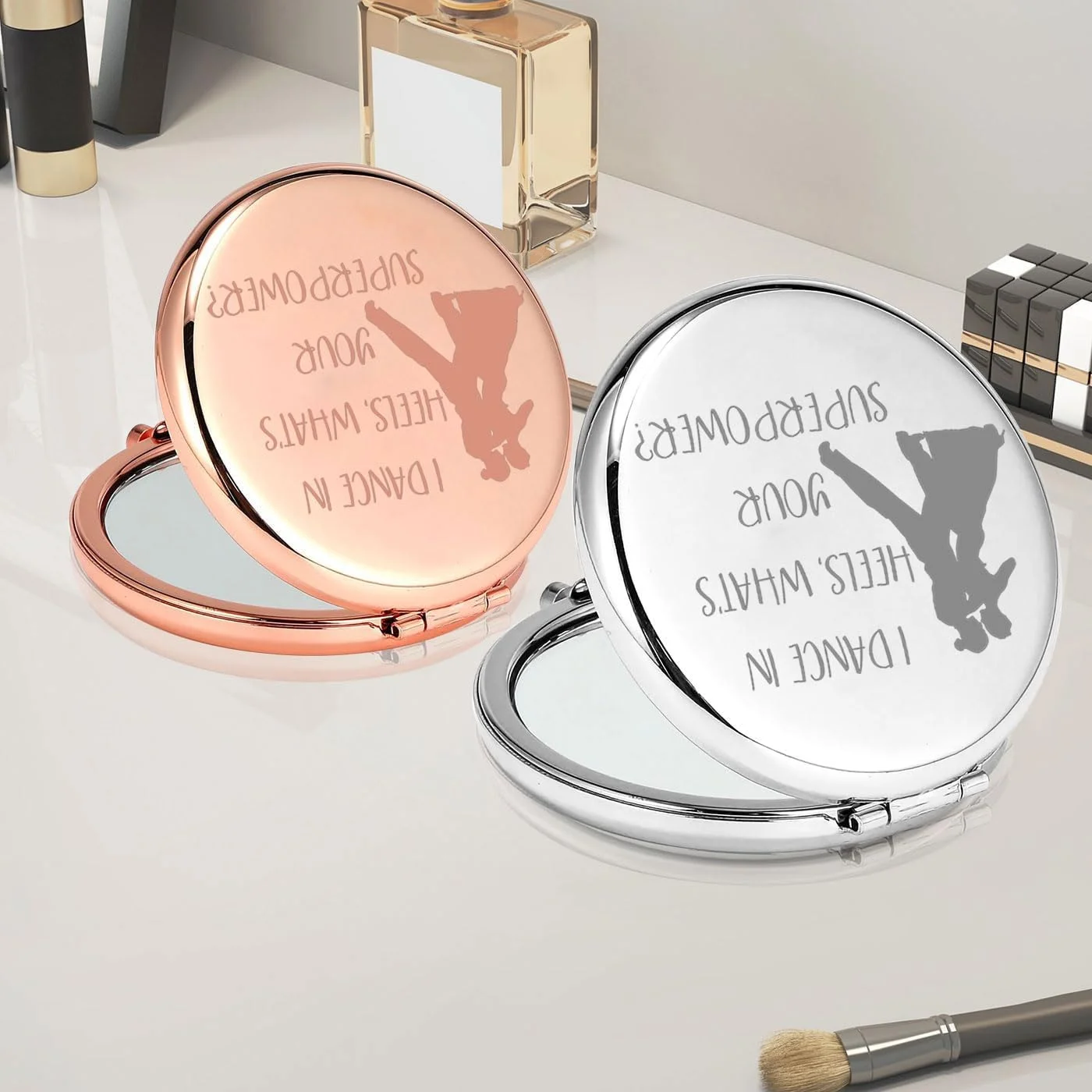 آینه جیبی رقص PLITI، هدیه ای برای رقصندگان سالن رقص، من با پاشنه بلند می رقصم، قدرت فوق العاده شما چیست؟ آینه جیبی برای دوستداران رقص (پاشنه رقص CM U)