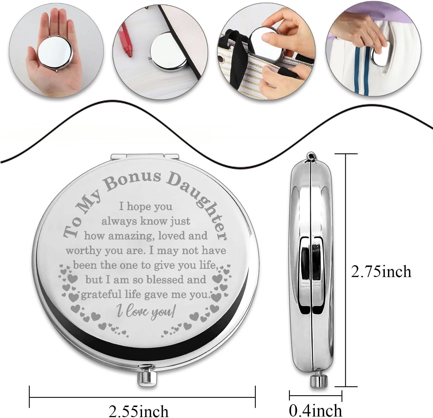 آینه جیبی جمع و جور PLITI هدیه ای از طرف مادر و پدر به دخترخوانده - آینه جیبی الهام بخش برای دخترخوانده (Bonus Daughter CM)
