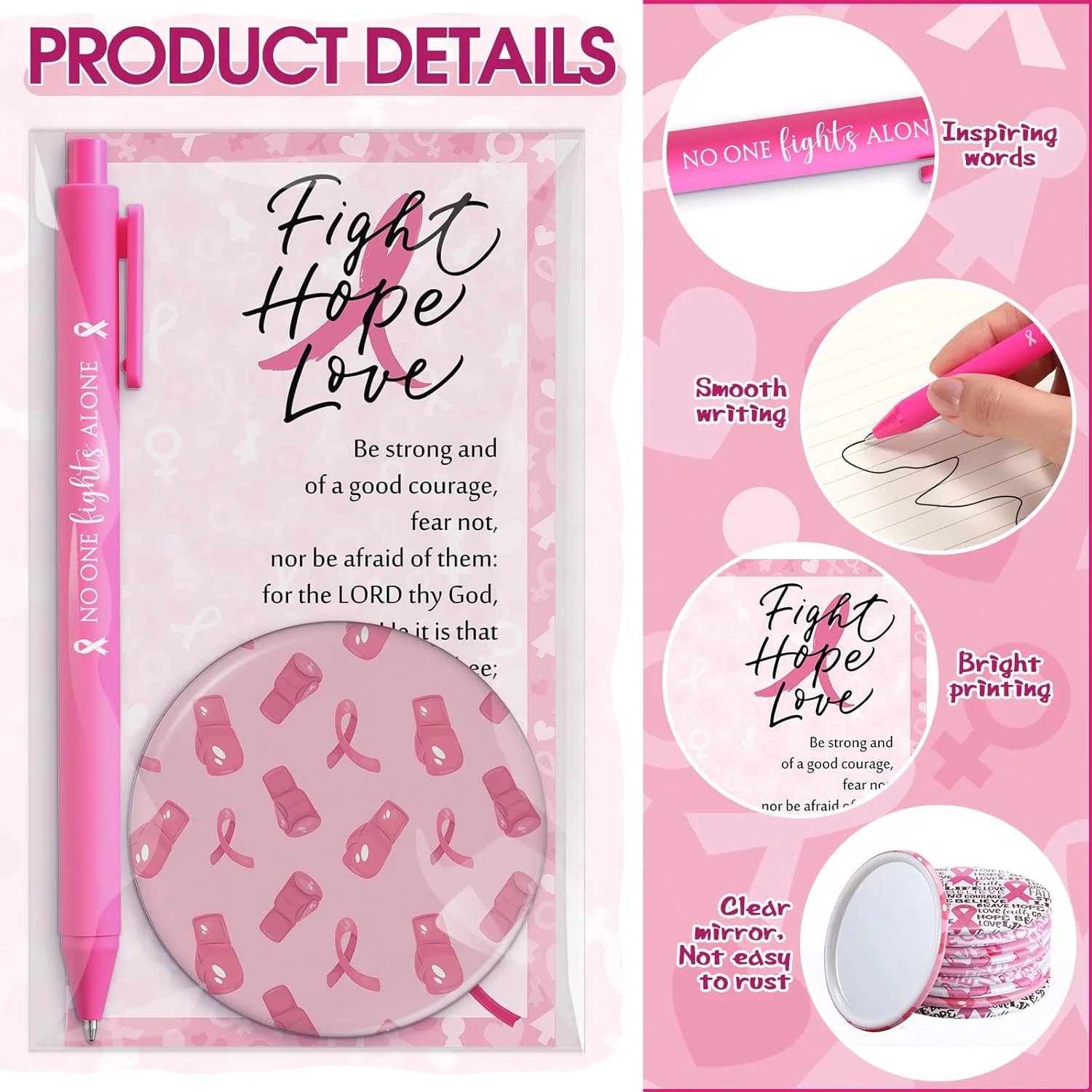 پینکون 75 ست لوازم جانبی آگاهی از سرطان سینه، هدیه سرطان سینه برای زنان، آینه های جیبی با طرح دستکش بوکس روبان صورتی، خودکارهای توپی، کارت های انگیزشی، هدیه های مهمانی خیریه