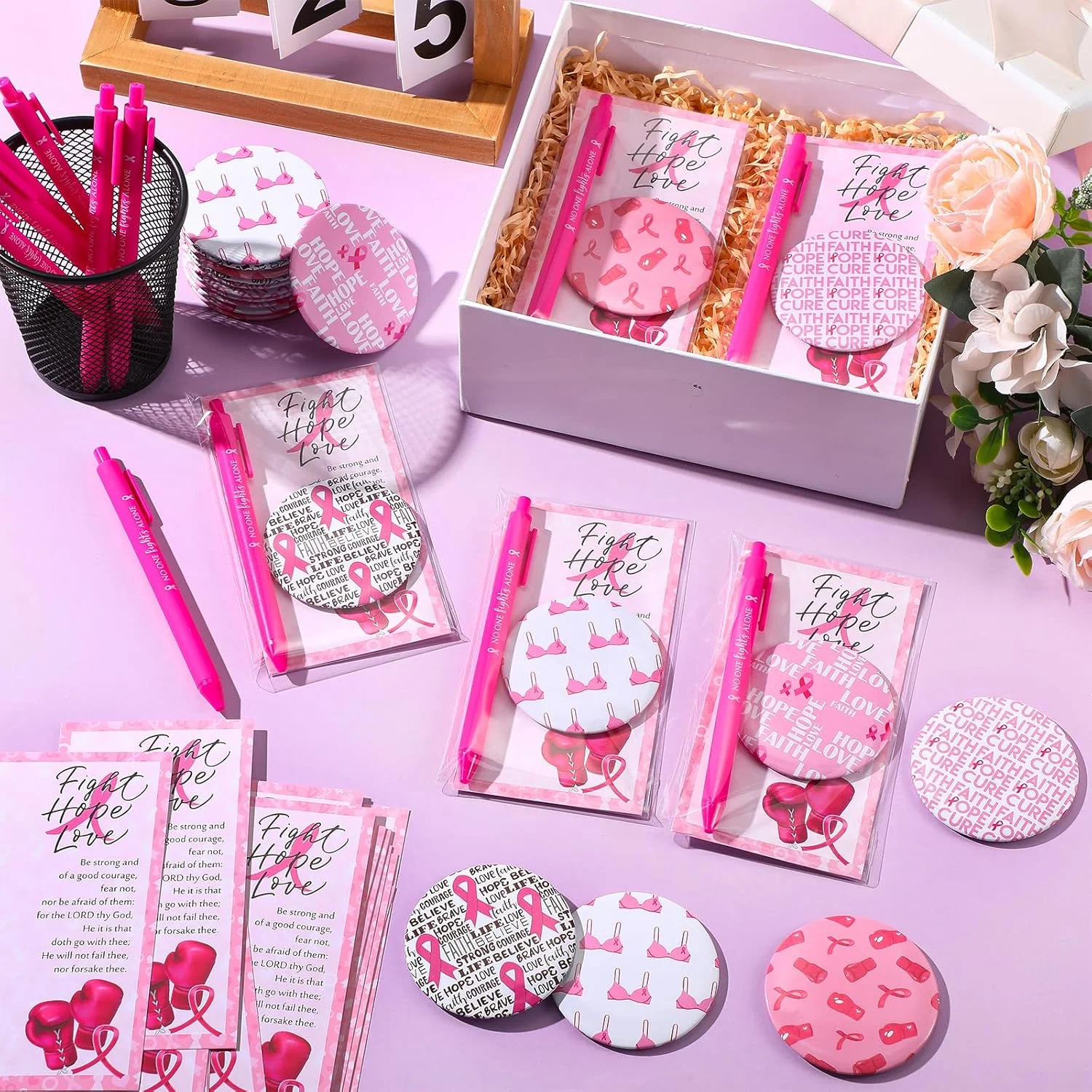 پینکون 75 ست لوازم جانبی آگاهی از سرطان سینه، هدیه سرطان سینه برای زنان، آینه های جیبی با طرح دستکش بوکس روبان صورتی، خودکارهای توپی، کارت های انگیزشی، هدیه های مهمانی خیریه