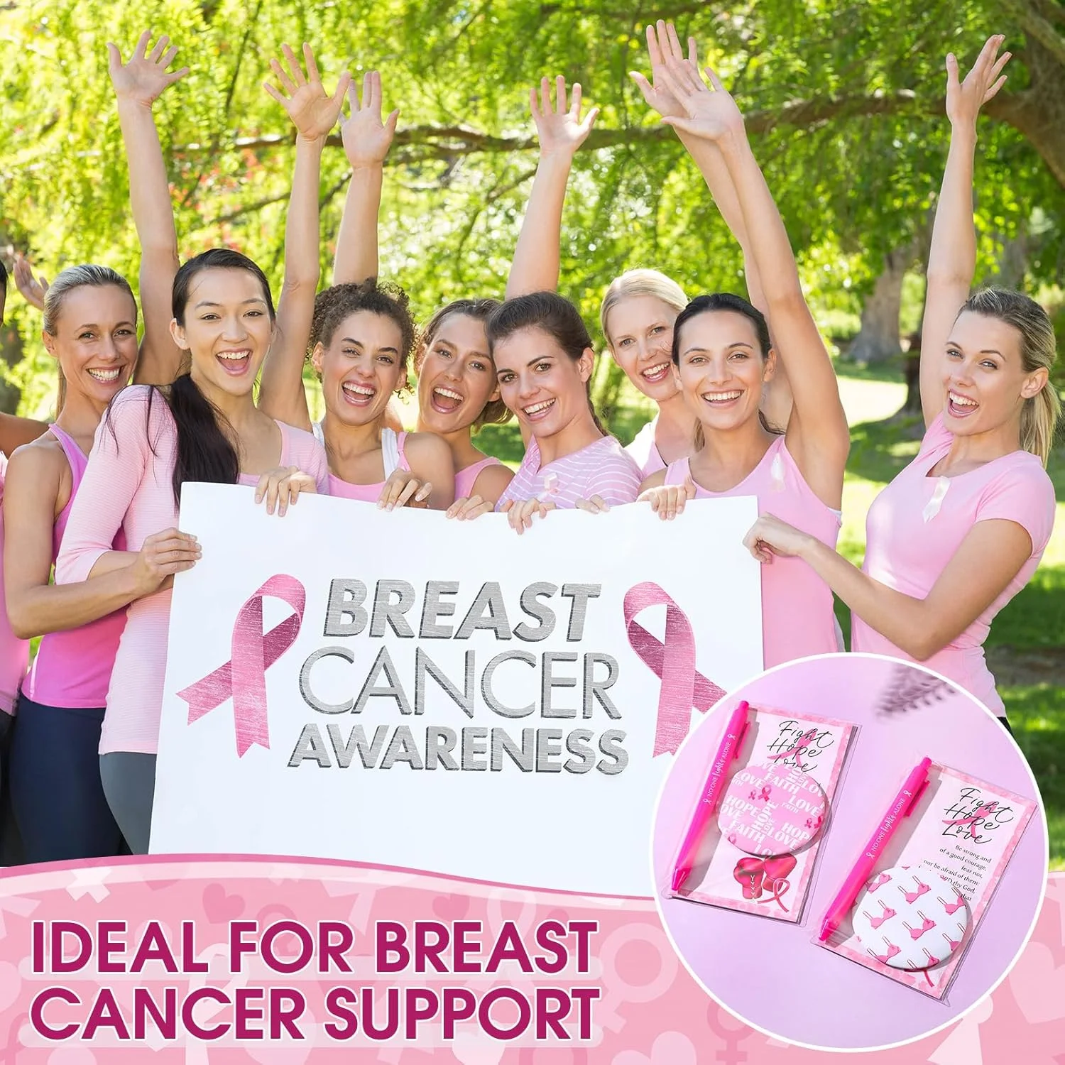 پینکون 75 ست لوازم جانبی آگاهی از سرطان سینه، هدیه سرطان سینه برای زنان، آینه های جیبی با طرح دستکش بوکس روبان صورتی، خودکارهای توپی، کارت های انگیزشی، هدیه های مهمانی خیریه