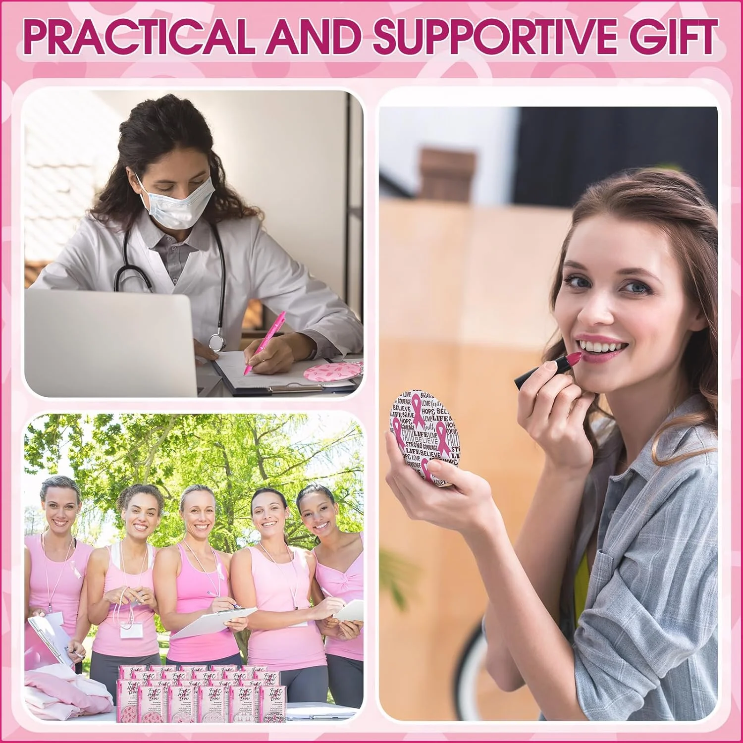 پینکون 75 ست لوازم جانبی آگاهی از سرطان سینه، هدیه سرطان سینه برای زنان، آینه های جیبی با طرح دستکش بوکس روبان صورتی، خودکارهای توپی، کارت های انگیزشی، هدیه های مهمانی خیریه