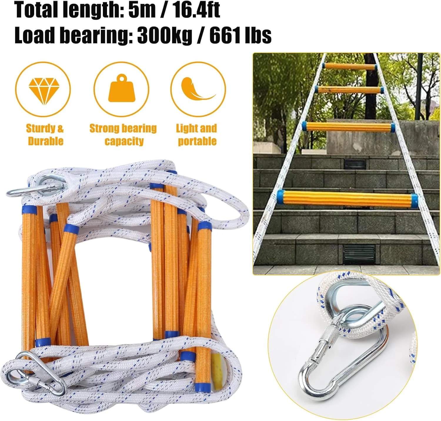 نردبان ایمنی آتش نشانی Gevvnss به طول 5 متر، نردبان طنابی اضطراری آتش نشانی با کارابین، نردبان ایمنی آتش نشانی با ظرفیت بار 300 کیلوگرم، نردبان نجات برای نجات ساختمان های دو طبقه