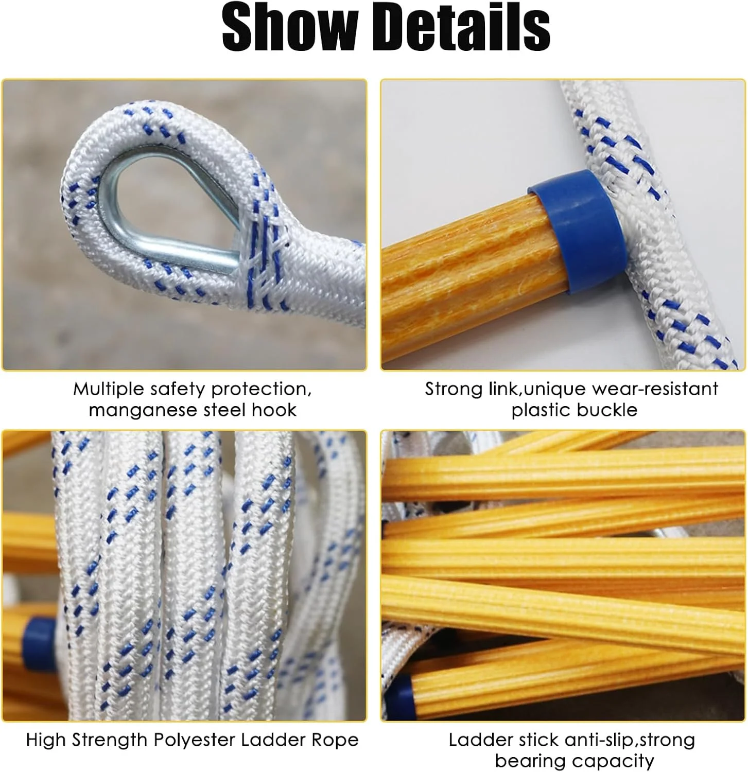 نردبان ایمنی آتش نشانی Gevvnss به طول 5 متر، نردبان طنابی اضطراری آتش نشانی با کارابین، نردبان ایمنی آتش نشانی با ظرفیت بار 300 کیلوگرم، نردبان نجات برای نجات ساختمان های دو طبقه