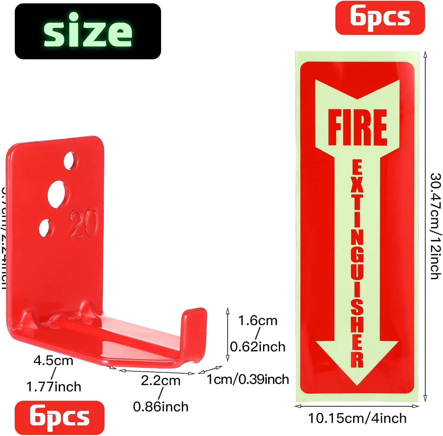 ست 12 عددی پایه نگهدارنده کپسول آتش نشانی و علامت هشدار چسبی - 6 قلاب دیواری، 6 استیکر ایمنی شب تاب - براکت جهانی برای انواع مختلف