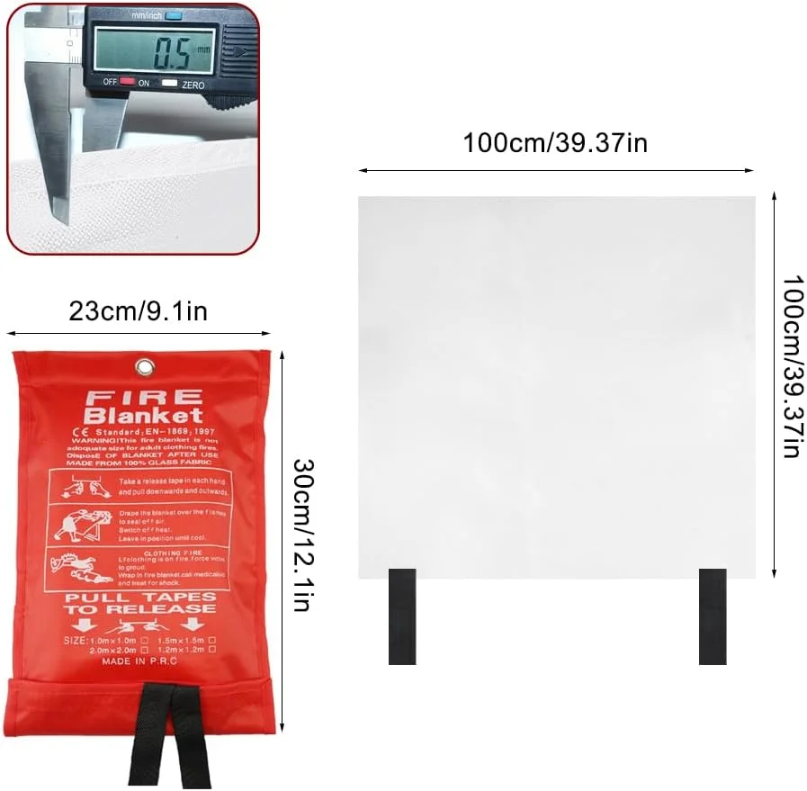 پتو اطفاء حریق، پتو آتش نشانی 1 متر در 1 متر برای خانه، پتو ایمنی فایبرگلاس، پتو آشپزخانه برای شومینه، باربیکیو، ماشین، کمپینگ، گاراژ