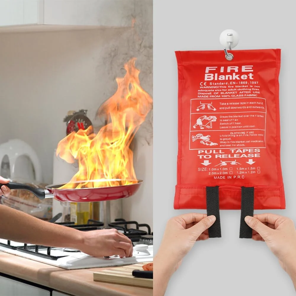 پتو اطفاء حریق، پتو آتش نشانی 1 متر در 1 متر برای خانه، پتو ایمنی فایبرگلاس، پتو آشپزخانه برای شومینه، باربیکیو، ماشین، کمپینگ، گاراژ