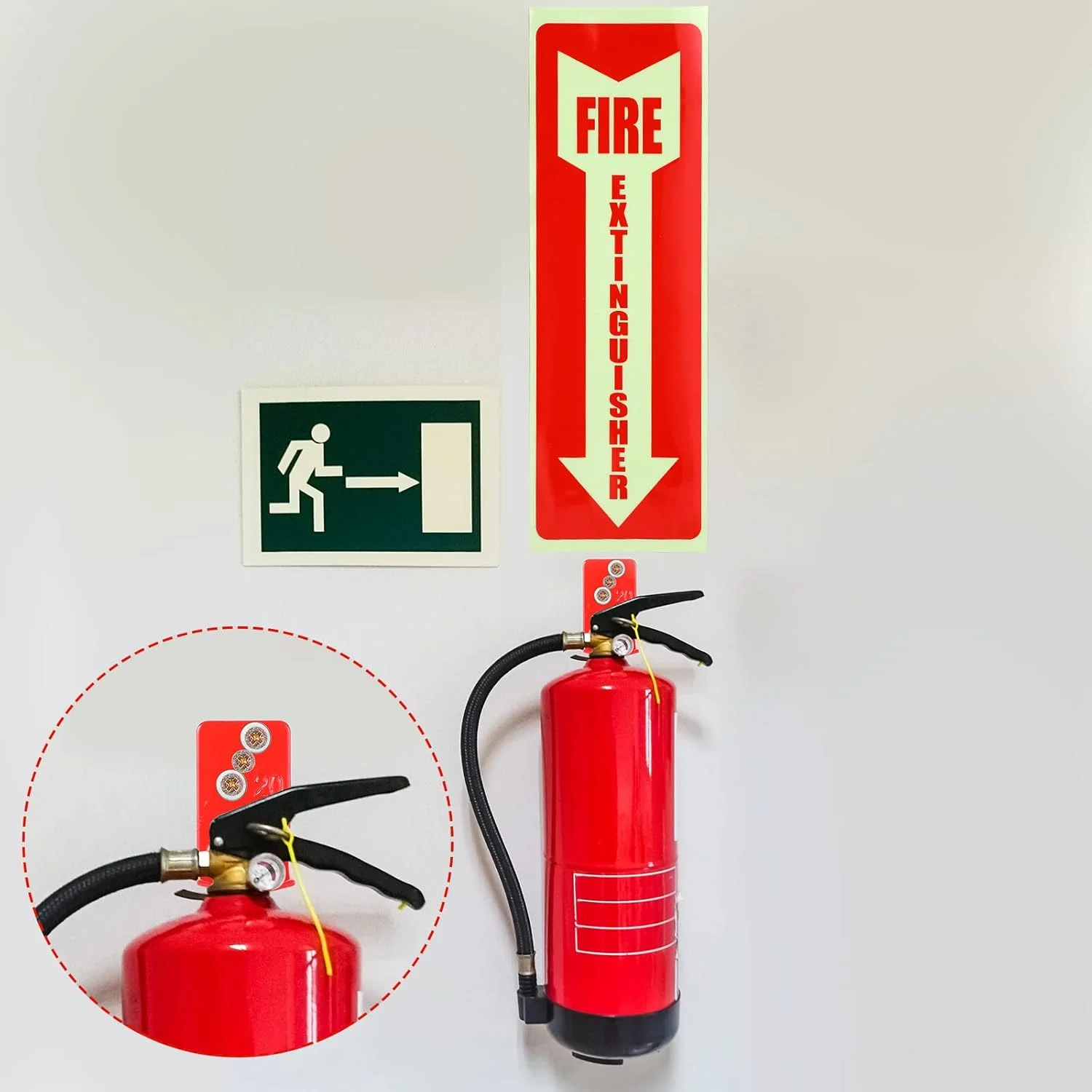 ست 12 عددی پایه نگهدارنده کپسول آتش نشانی و علامت هشدار چسبی - 6 قلاب دیواری، 6 استیکر ایمنی شب تاب - براکت جهانی برای انواع مختلف