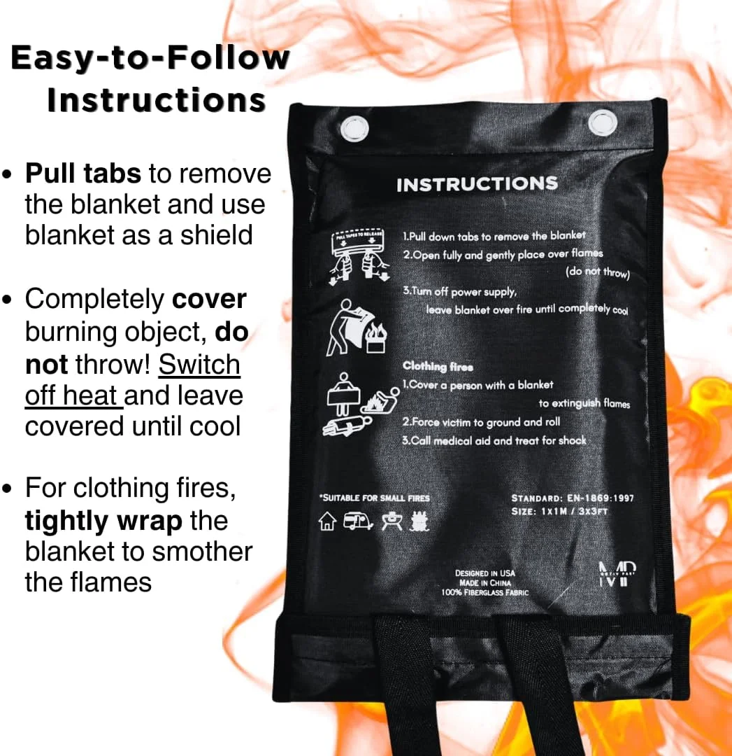 پتو آتش نشانی MotivPart 1X برای ایمنی منزل، پتو آتش نشانی اضطراری برای آشپزخانه، پتوهای آتش نشانی فایبرگلاس، پتو ضد حریق، پارچه نسوز برای ایمنی خانه، پوشش برزنتی مشکی