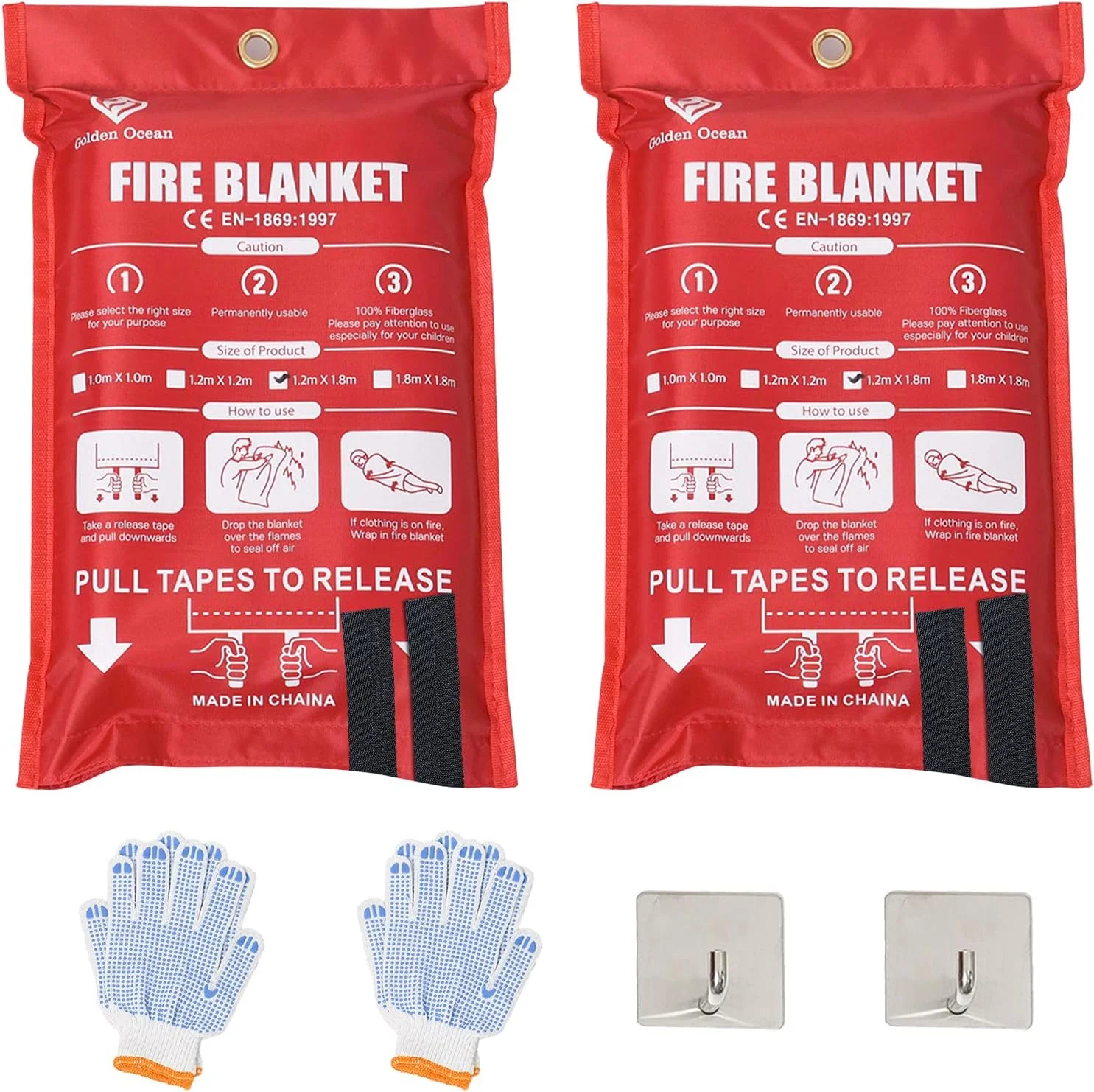 پتو آتش نشانی عمومی برای منزل سایز XL، پتو آتش نشانی اضطراری برای افراد 2 عدد 120x180 سانتی متر، 2 عدد قلاب و 2 عدد دستکش، پتو ایمنی مقاوم در برابر شعله برای دفتر کار 120x180 سانتی متر
