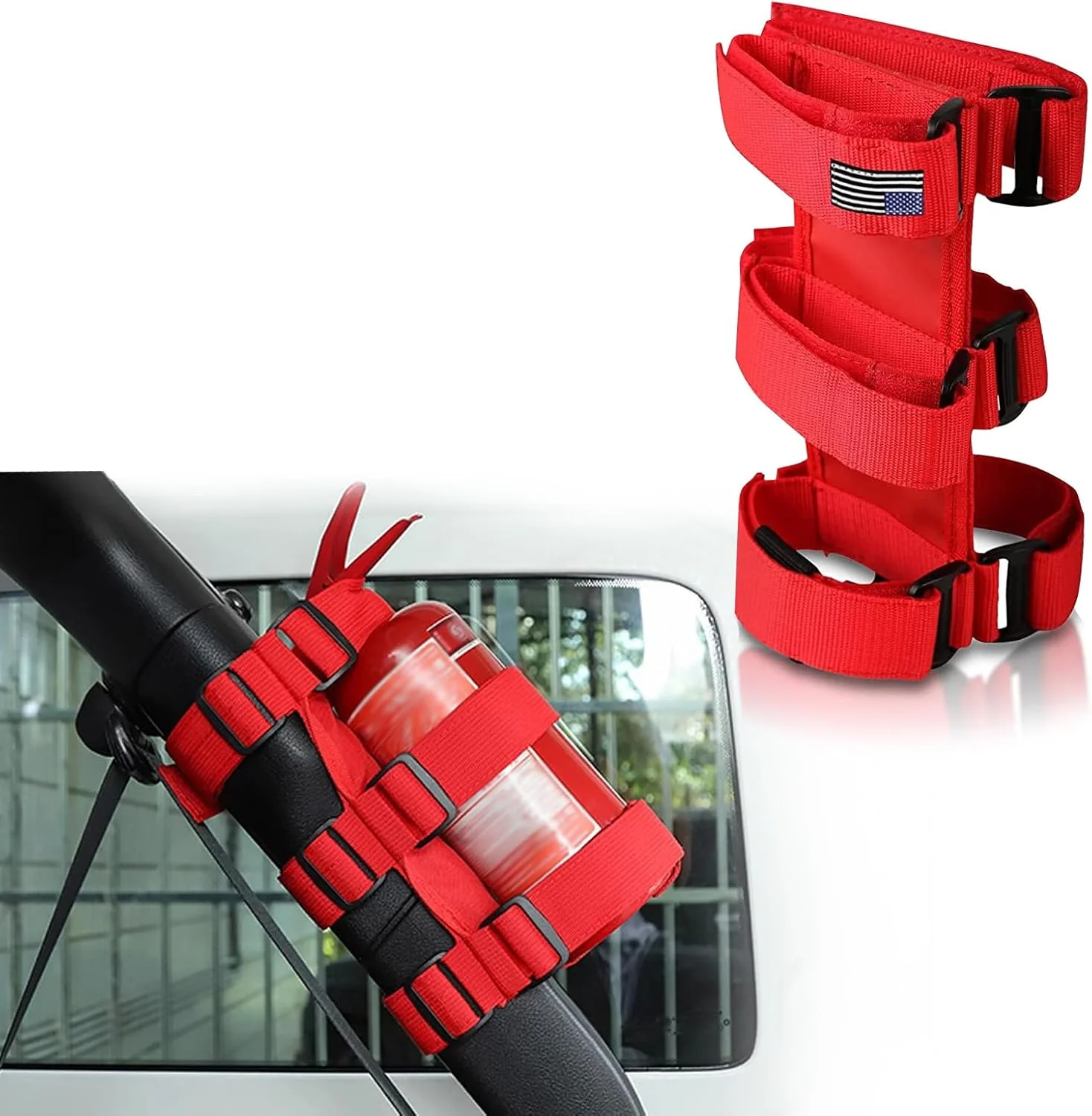 نگهدارنده قابل تنظیم کپسول آتش نشانی خودرو Ajxn، بند پارچه ای بادوام و پایدار کپسول آتش نشانی خودرو، لوازم جانبی ضد لغزش و ایمن برای رانندگی سازگار با Wrangler (قرمز)