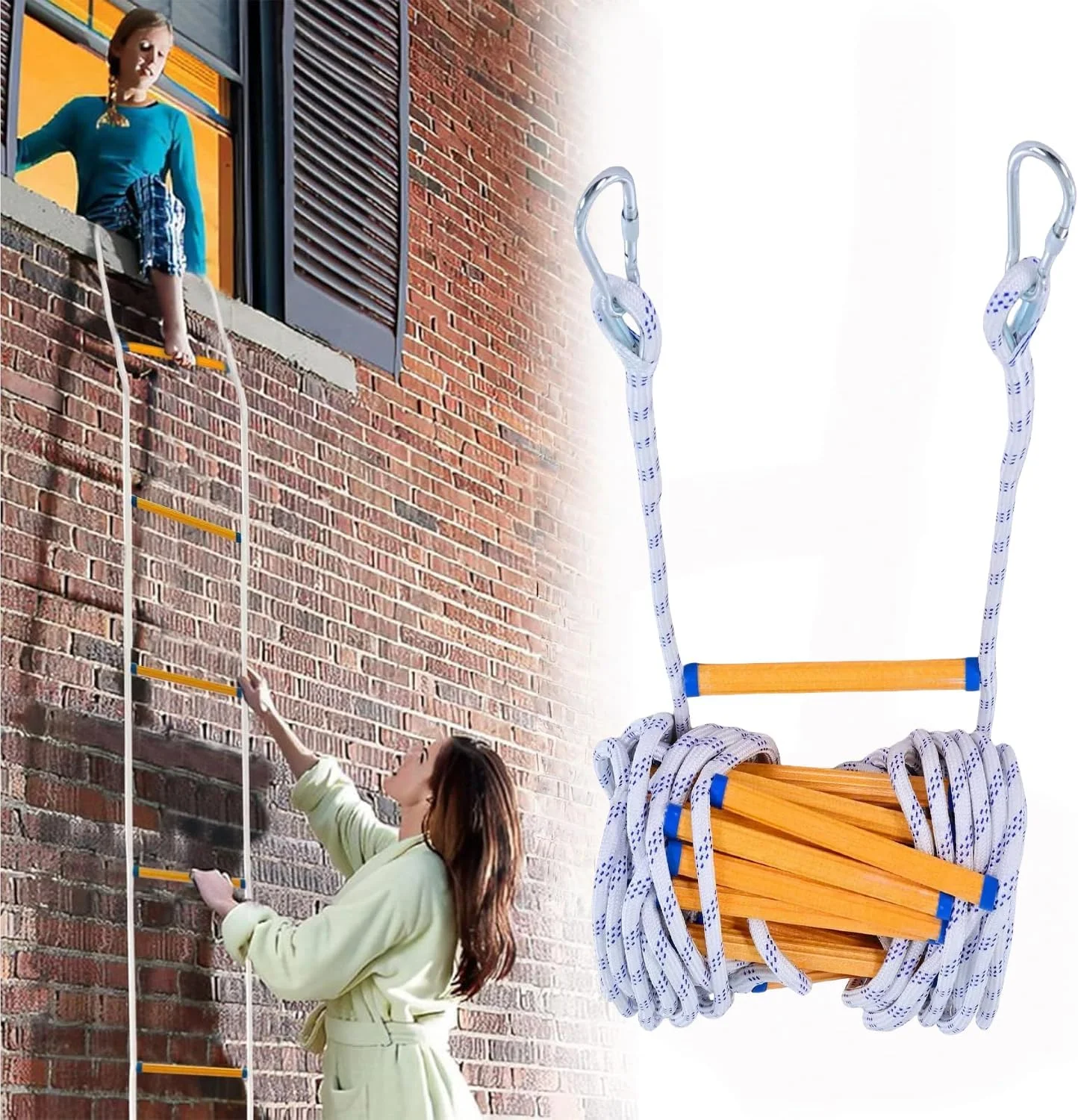 نردبان فرار اضطراری از آتش Jaffiust، نردبان طنابی 5 متری، نردبان ایمنی مقاوم در برابر شعله با 2 قلاب و پیچ‌های انبساطی، قابل استفاده مجدد برای 2 طبقه، ظرفیت وزنی هر پله نردبان تا 100 کیلوگرم