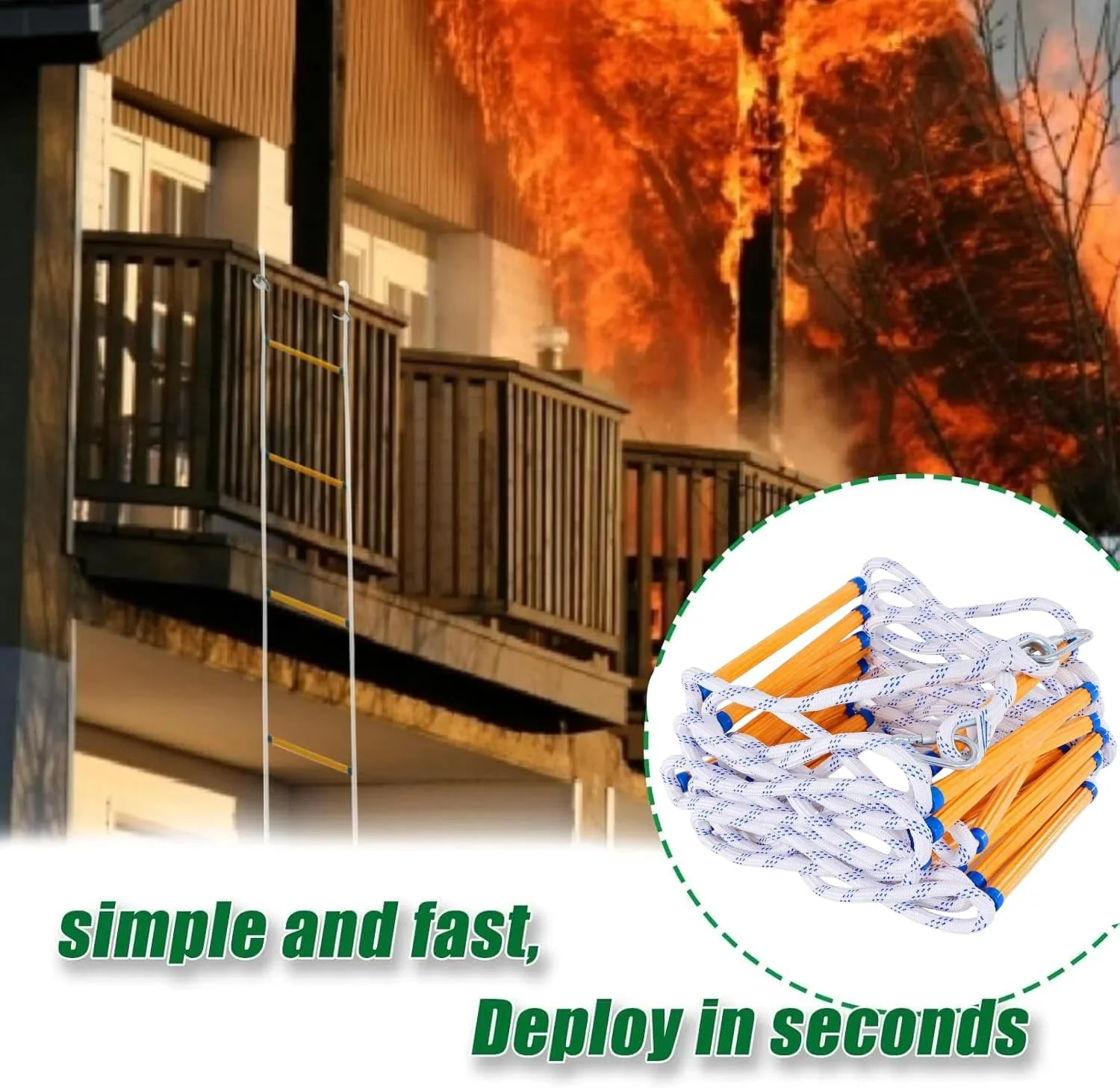 نردبان فرار اضطراری از آتش Jaffiust، نردبان طنابی 5 متری، نردبان ایمنی مقاوم در برابر شعله با 2 قلاب و پیچ‌های انبساطی، قابل استفاده مجدد برای 2 طبقه، ظرفیت وزنی هر پله نردبان تا 100 کیلوگرم