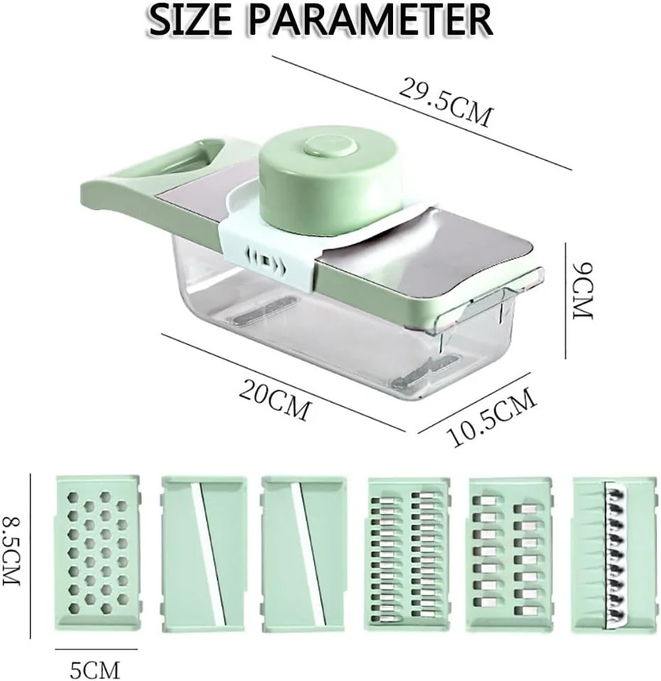 اسلایسر چند منظوره سبزیجات، خردکن غذای ماندولین آشپزخانه، برش دهنده، رنده و تاس کننده با 6 تیغه برای سبزیجات، سیب زمینی، هویج، سیر، پیاز و پنیر، ایمن و بدون آسیب به دست (سبز)