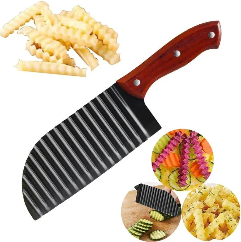 برشگر سیب زمینی کنگره ای یوکابا، استیل ضد زنگ، برش دهنده سیب زمینی سرخ کرده موج دار، خردکن دستی، چاقوی خردکن سالاد سبزیجات، ابزار برش تیغه موجی آشپزخانه خانگی، مشکی (بسته 1 عددی)