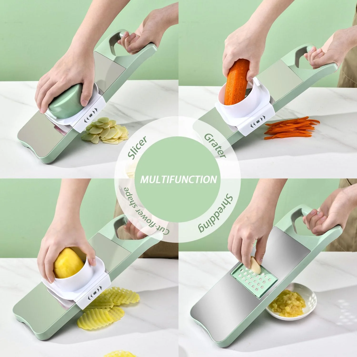 اسلایسر چند منظوره سبزیجات، خردکن غذای ماندولین آشپزخانه، برش دهنده، رنده و تاس کننده با 6 تیغه برای سبزیجات، سیب زمینی، هویج، سیر، پیاز و پنیر، ایمن و بدون آسیب به دست (سبز)