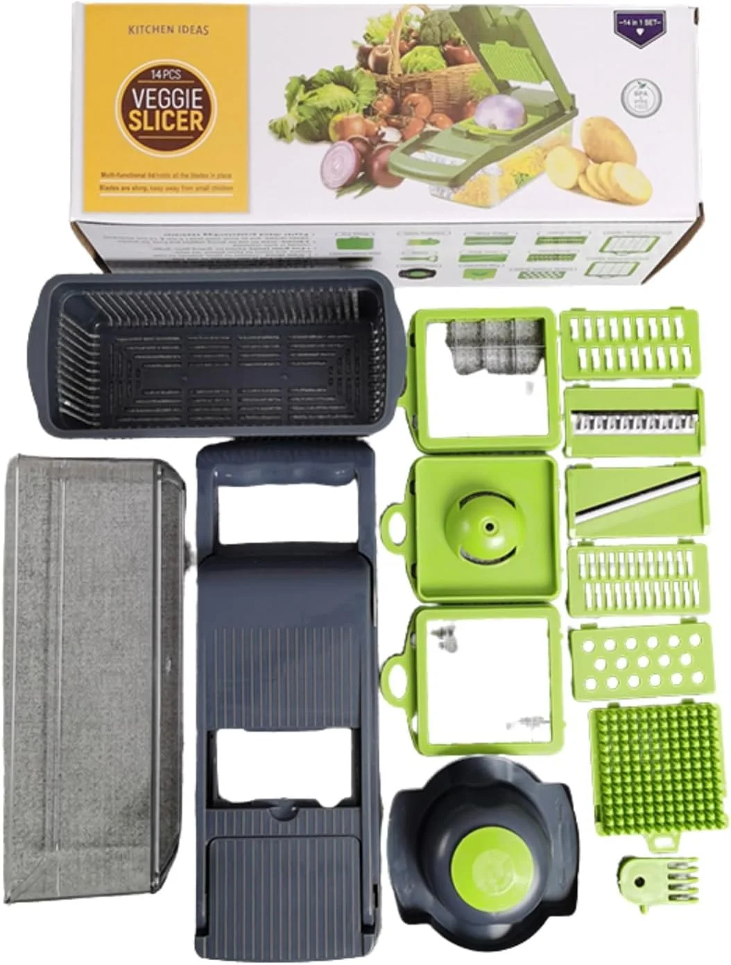 خردکن سبزیجات 14 در 1 و اسلایسر پیاز - برش دهنده چند منظوره سبزیجات، اسلایسر ماندولین، خردکن غذا، رنده پنیر و سیر با ظرف | ابزار آشپزخانه برای آماده سازی سریع غذا
