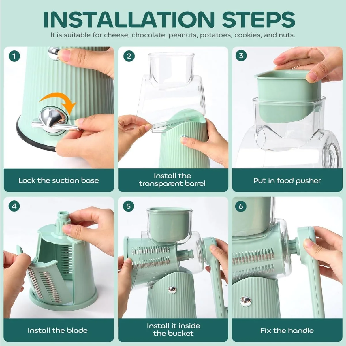 رنده چرخشی پنیر 5 در 1 با دسته، اسلایسر و خردکن سبزیجات، برشگر ماندولین با 5 تیغه، پایه مکش قوی و محل نگهداری تیغه - ابزار رنده آشپزخانه Preservea