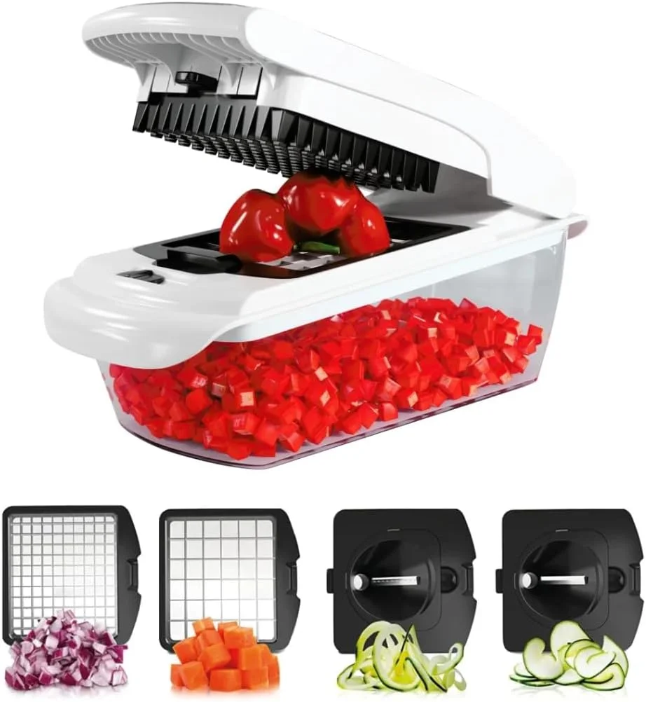 خردکن سبزیجات آشپزخانه Timber - اسلایسر سبزیجات مارپیچی - خردکن پیاز با محفظه - خردکن، اسلایسر، دایسر و کاتر حرفه ای غذا - 4 تیغه