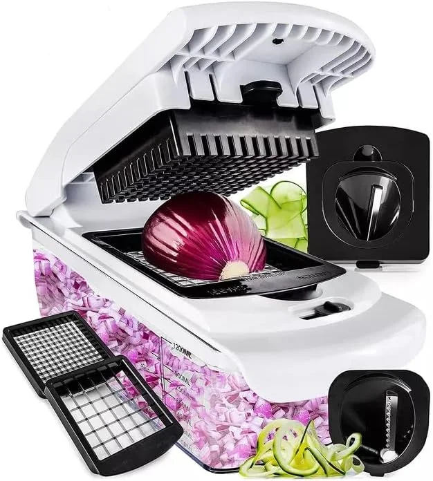 خردکن سبزیجات آشپزخانه Timber - اسلایسر سبزیجات مارپیچی - خردکن پیاز با محفظه - خردکن، اسلایسر، دایسر و کاتر حرفه ای غذا - 4 تیغه