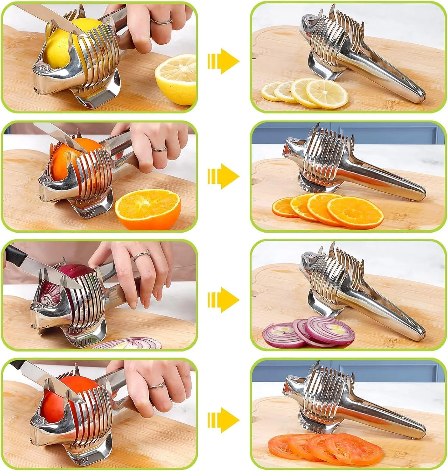 اسلایسر مواد غذایی برای آشپزخانه، نگهدارنده برش سبزیجات از جنس استیل ضد زنگ برای گوجه فرنگی، لیمو، پیاز، سیب زمینی، ابزار برش چند منظوره دستی برای مصارف خانگی، طراحی انبر گرد ضد لغزش