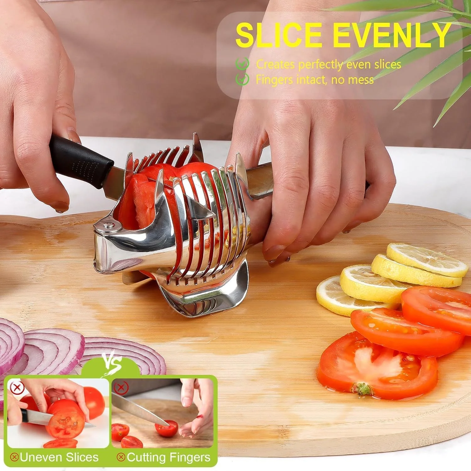 اسلایسر مواد غذایی برای آشپزخانه، نگهدارنده برش سبزیجات از جنس استیل ضد زنگ برای گوجه فرنگی، لیمو، پیاز، سیب زمینی، ابزار برش چند منظوره دستی برای مصارف خانگی، طراحی انبر گرد ضد لغزش