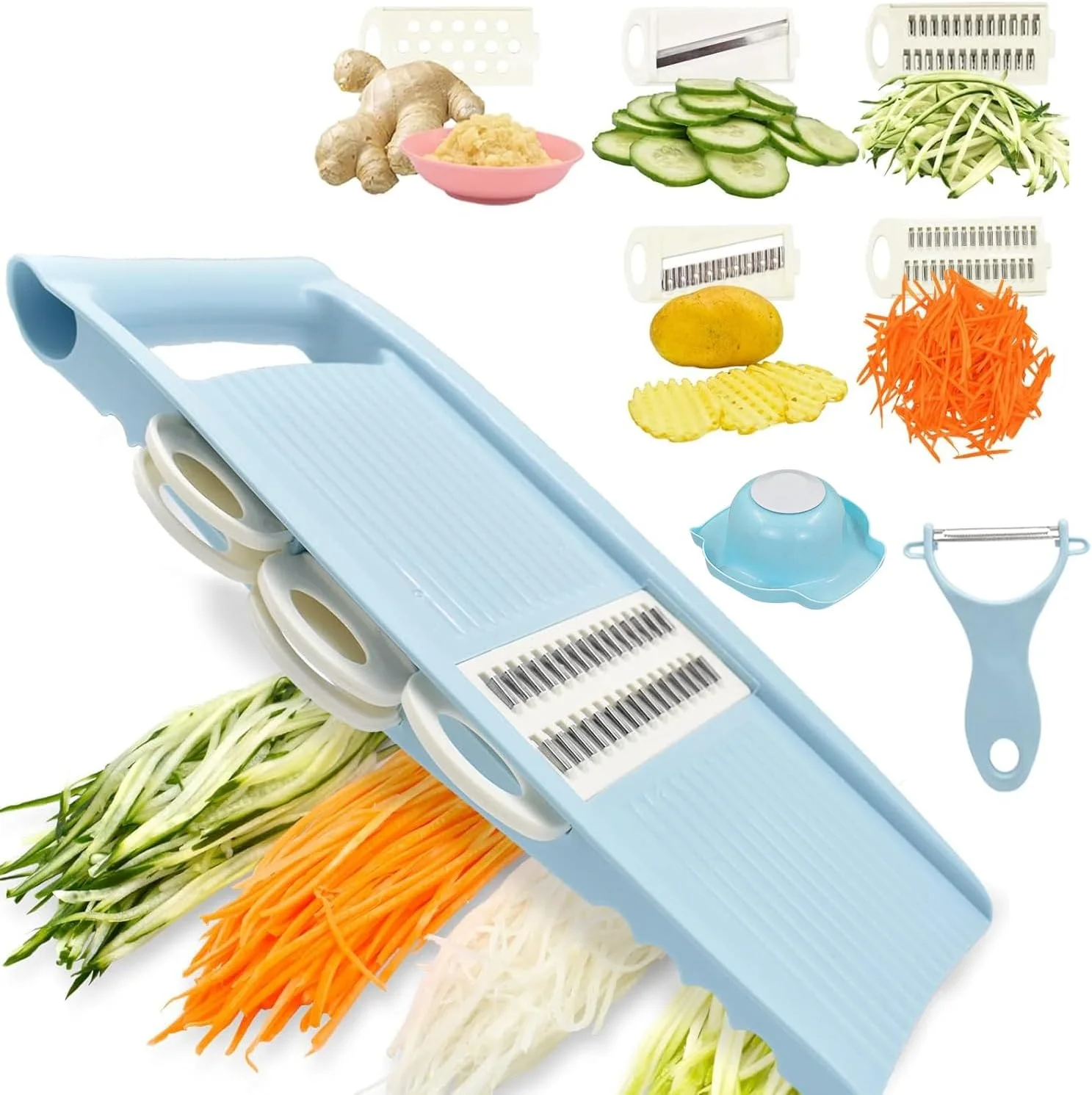 اسلایسر 5 در 1 برای آشپزخانه، اسلایسر چند تیغه ای سبزیجات برای چیپس سیب زمینی، اسلایسر سبزیجات، خردکن سبزیجات، رشته کن و پوست کن برای کارهای کوچک در آشپزخانه - آبی