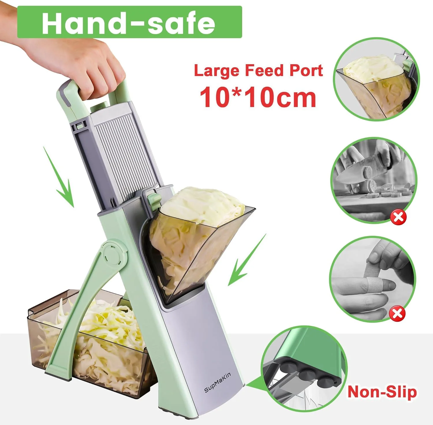 اسلایسر چندکاره و ایمن سوپ‌مکین مدل JS03، ورودی بزرگتر برای سبزیجات، برش سیب زمینی، ضخامت قابل تنظیم، مناسب برای آشپزخانه، رنگ سبز ماتچا