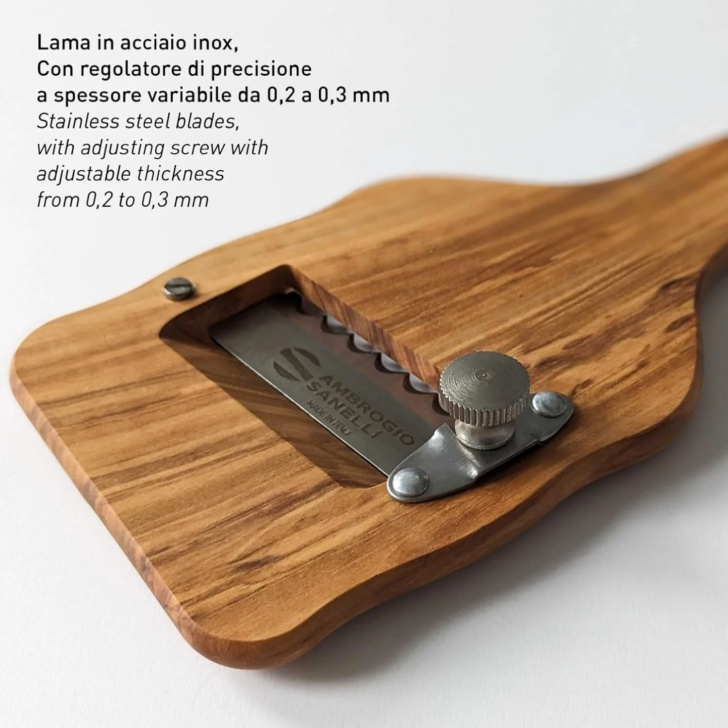 ورقه کن چوبی قارچ دنبلان Ambrogio Sanelli با دسته زیتونی، ارگونومیک و ضد لغزش. تنظیم کننده کیفیت برای برش دقیق. تیغه موجی، قهوه ای، 23 x 9 x 2.5 سانتی متر
