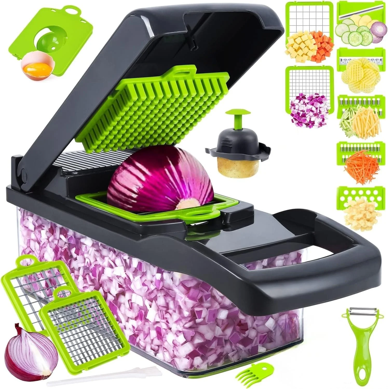 خردکن سبزیجات SKY-TOUCH: اسلایسر، خردکن و برش دهنده چند منظوره همه کاره مواد غذایی با سبد آبکش و رنده به همراه ظرف، مجموعه ابزار آشپزخانه جمع و جور برای پخت و پز