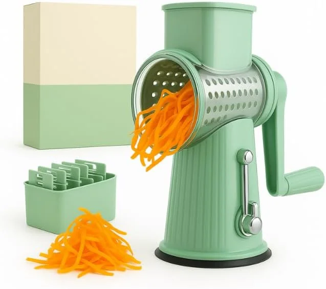 رنده چرخشی پنیر با دسته، خردکن سبزیجات با 5 تیغه و پایه مکش قوی، برش دهنده سبزیجات و اسلایسر ماندولین برای آشپزخانه، سالادساز، رنده هویج با جعبه نگهداری تیغه