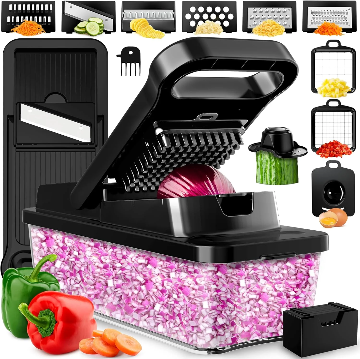 خردکن سبزیجات 12 در 1 Prep Naturals با محفظه، خردکن سبزیجات، برش دهنده سبزیجات، خردکن غذا و خردکن پیاز - خردکن پیاز، خردکن، اسلایسر ماندولین برای آشپزخانه (مشکی)