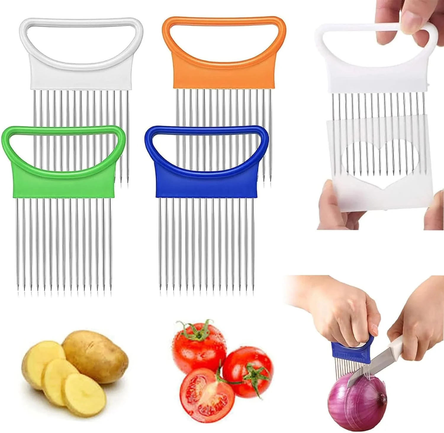 ست 4 عددی نگهدارنده پیاز برای برش: نگهدارنده استیل ضد زنگ گوجه فرنگی، لیمو و سیب زمینی برای برش - ابزار برش پیاز برای برش در آشپزخانه (مدل 1)
