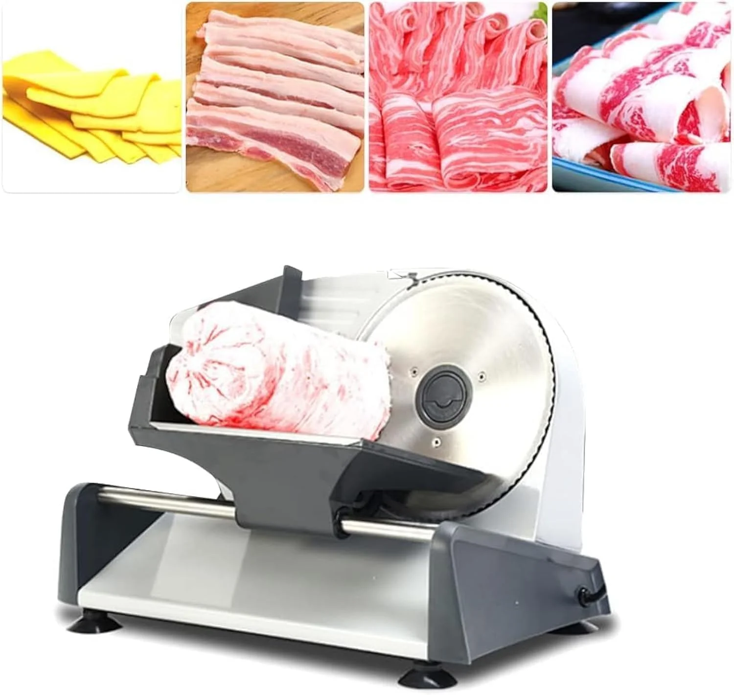 اسلایسر برقی مواد غذایی NovalLife KA18، اسلایسر گوشت، تیغه استیل ضد زنگ 7.5 اینچی قابل جابجایی، برش دهنده نان، میوه، سبزیجات و پنیر، دارای دکمه تنظیم ضخامت اسلایسر برقی مواد غذایی NovalLife KA18، اسلایسر گوشت، تیغه استیل ضد زنگ 7.5 اینچی قابل جابجایی، برش دهنده نان، میوه، سبزیجات و پنیر، دارای دکمه تنظیم ضخامت