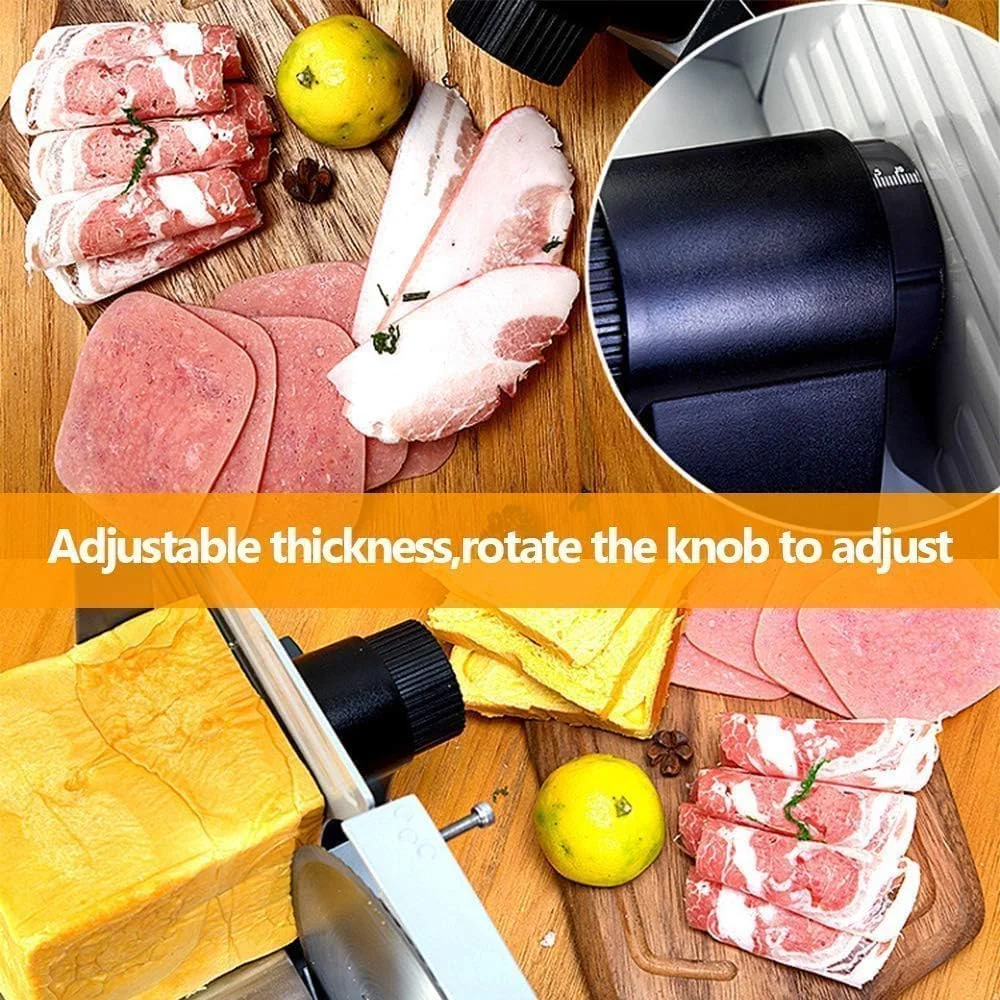 اسلایسر برقی مواد غذایی NovalLife KA18، اسلایسر گوشت، تیغه استیل ضد زنگ 7.5 اینچی قابل جابجایی، برش دهنده نان، میوه، سبزیجات و پنیر، دارای دکمه تنظیم ضخامت اسلایسر برقی مواد غذایی NovalLife KA18، اسلایسر گوشت، تیغه استیل ضد زنگ 7.5 اینچی قابل جابجایی، برش دهنده نان، میوه، سبزیجات و پنیر، دارای دکمه تنظیم ضخامت