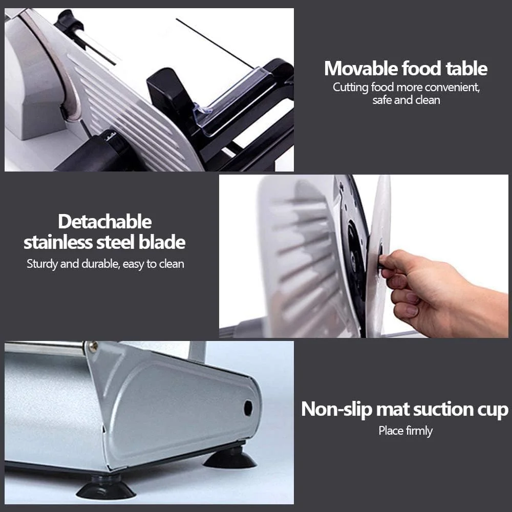 اسلایسر برقی مواد غذایی NovalLife KA18، اسلایسر گوشت، تیغه استیل ضد زنگ 7.5 اینچی قابل جابجایی، برش دهنده نان، میوه، سبزیجات و پنیر، دارای دکمه تنظیم ضخامت اسلایسر برقی مواد غذایی NovalLife KA18، اسلایسر گوشت، تیغه استیل ضد زنگ 7.5 اینچی قابل جابجایی، برش دهنده نان، میوه، سبزیجات و پنیر، دارای دکمه تنظیم ضخامت
