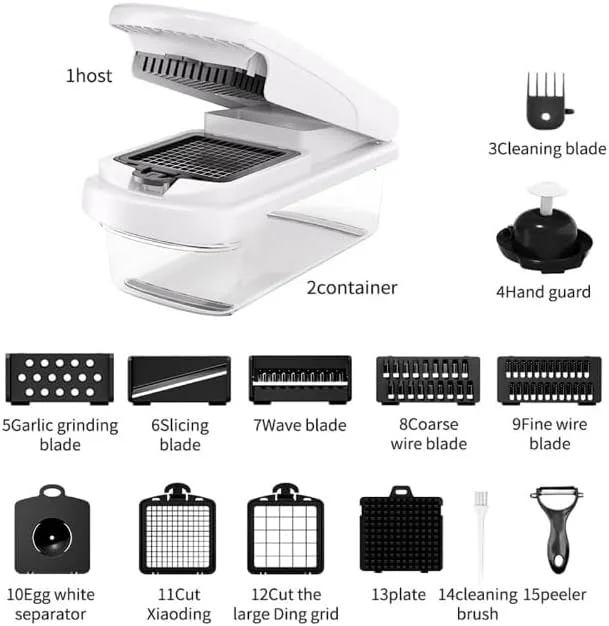 خردکن سبزیجات چند منظوره 15 در 1 با 8 تیغه، اسلایسر سبزیجات با ظرف، اسلایسر ماندولین میوه و سبزیجات برای خانه و آشپزخانه (SC) خردکن سبزیجات چند منظوره 15 در 1 با 8 تیغه، اسلایسر سبزیجات با ظرف، اسلایسر ماندولین میوه و سبزیجات برای خانه و آشپزخانه (SC)