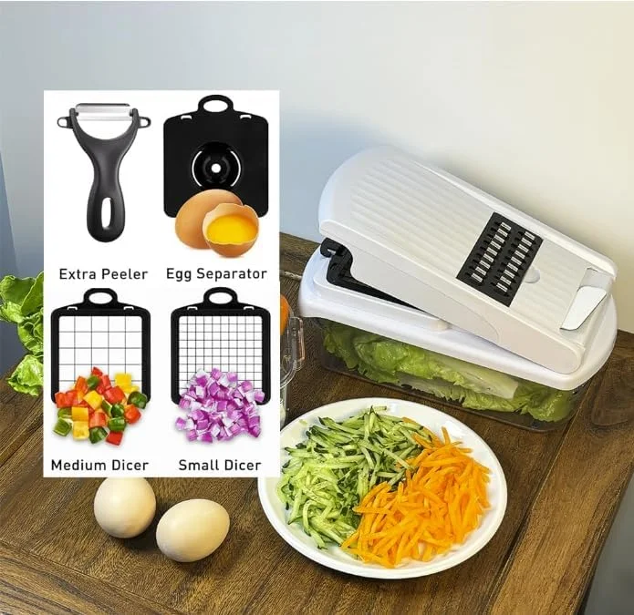 خردکن سبزیجات چند منظوره 15 در 1 با 8 تیغه، اسلایسر سبزیجات با ظرف، اسلایسر ماندولین میوه و سبزیجات برای خانه و آشپزخانه (SC) خردکن سبزیجات چند منظوره 15 در 1 با 8 تیغه، اسلایسر سبزیجات با ظرف، اسلایسر ماندولین میوه و سبزیجات برای خانه و آشپزخانه (SC)