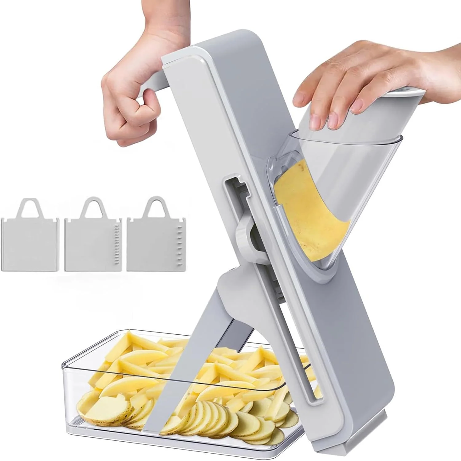 اسلایسر سبزیجات ماندولین، برشگر و خردکن سبزیجات چند تیغه قابل تنظیم، 4 حالت برش برای ورقه کردن، خرد کردن، قیمه کردن، رشته کردن، محافظ ایمنی، پایه ضد لغزش، اسلایسر ایمن مواد غذایی آشپزخانه با ظرف اسلایسر سبزیجات ماندولین، برشگر و خردکن سبزیجات چند تیغه قابل تنظیم، 4 حالت برش برای ورقه کردن، خرد کردن، قیمه کردن، رشته کردن، محافظ ایمنی، پایه ضد لغزش، اسلایسر ایمن مواد غذایی آشپزخانه با ظرف