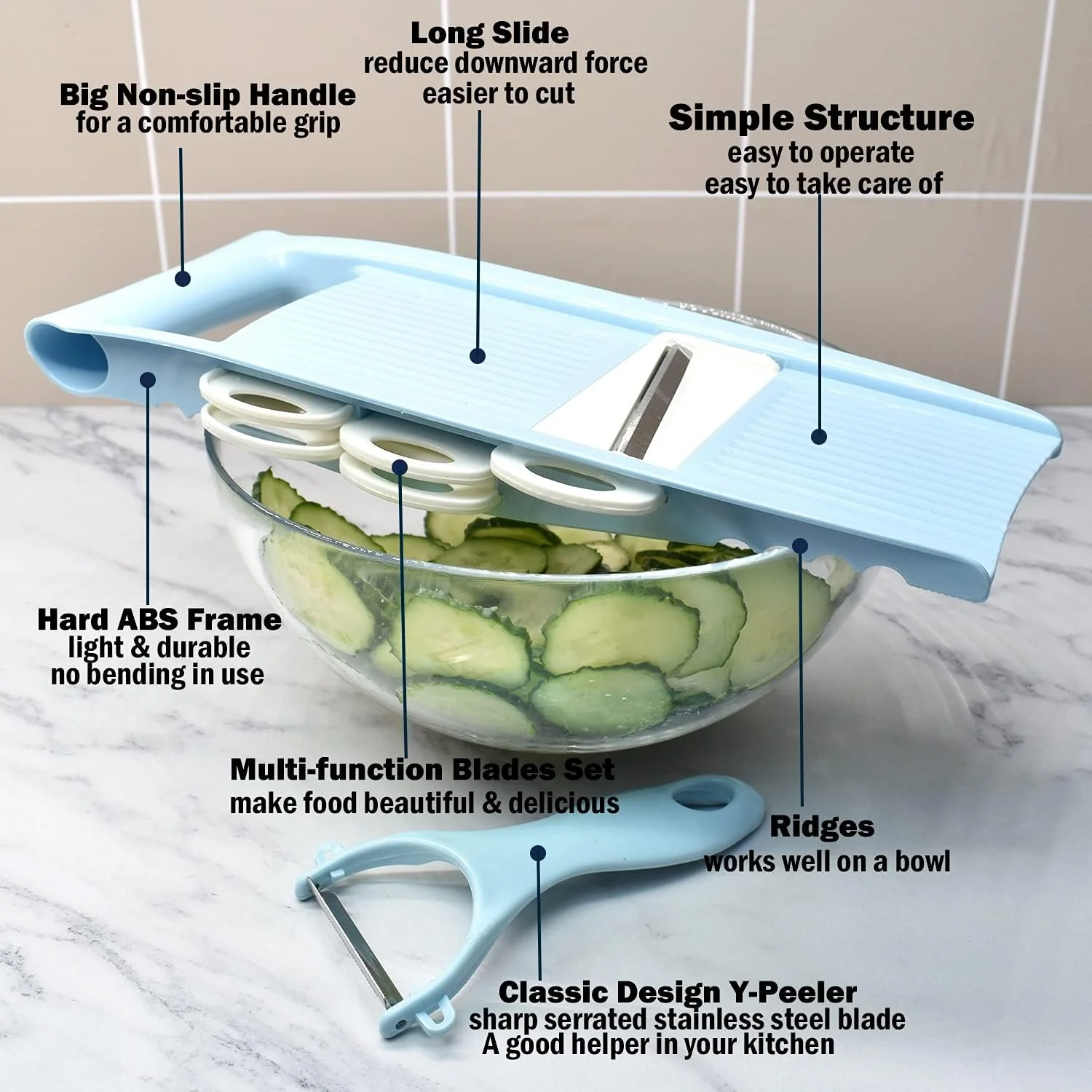 اسلایسر ماندولین 5 در 1 NACOLUS برای آشپزخانه، اسلایسر سبزیجات چند تیغه ای برای چیپس سیب زمینی، خردکن سبزیجات، برش سبزیجات، خردکن رشته ای و پوست کن برای کارهای کوچک در آشپزخانه آبی اسلایسر ماندولین 5 در 1 NACOLUS برای آشپزخانه، اسلایسر سبزیجات چند تیغه ای برای چیپس سیب زمینی، خردکن سبزیجات، برش سبزیجات، خردکن رشته ای و پوست کن برای کارهای کوچک در آشپزخانه آبی