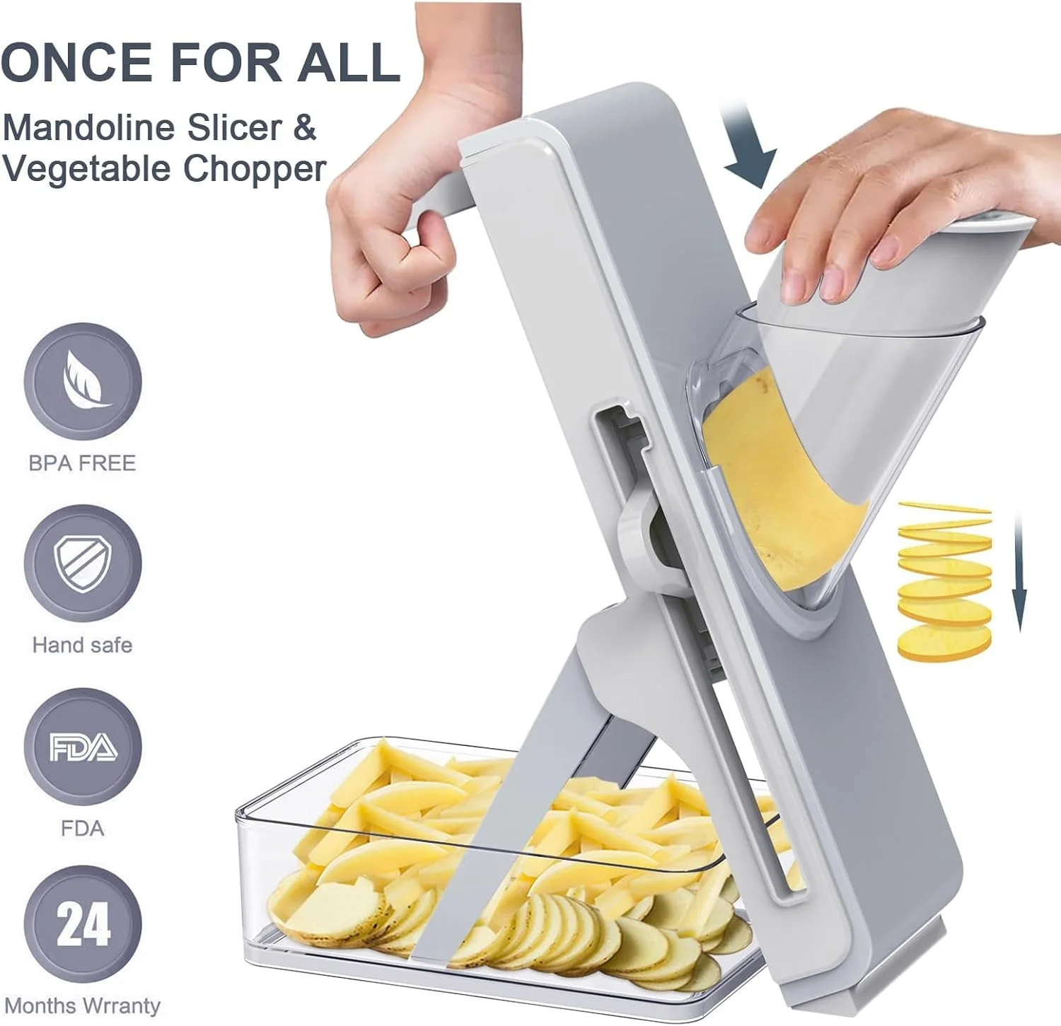 اسلایسر سبزیجات ماندولین، برشگر و خردکن سبزیجات چند تیغه قابل تنظیم، 4 حالت برش برای ورقه کردن، خرد کردن، قیمه کردن، رشته کردن، محافظ ایمنی، پایه ضد لغزش، اسلایسر ایمن مواد غذایی آشپزخانه با ظرف