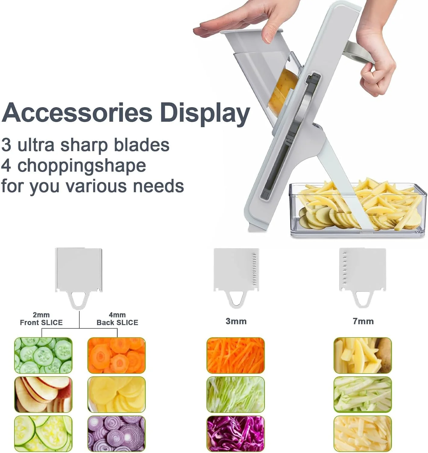 اسلایسر سبزیجات ماندولین، برشگر و خردکن سبزیجات چند تیغه قابل تنظیم، 4 حالت برش برای ورقه کردن، خرد کردن، قیمه کردن، رشته کردن، محافظ ایمنی، پایه ضد لغزش، اسلایسر ایمن مواد غذایی آشپزخانه با ظرف