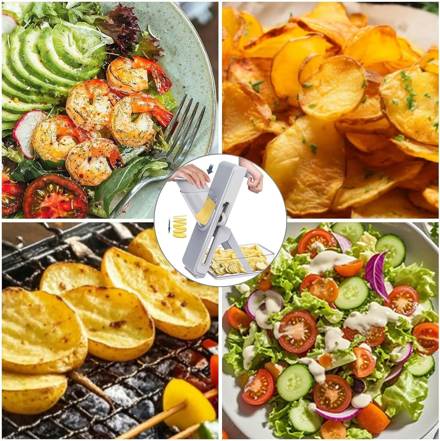 اسلایسر سبزیجات ماندولین، برشگر و خردکن سبزیجات چند تیغه قابل تنظیم، 4 حالت برش برای ورقه کردن، خرد کردن، قیمه کردن، رشته کردن، محافظ ایمنی، پایه ضد لغزش، اسلایسر ایمن مواد غذایی آشپزخانه با ظرف