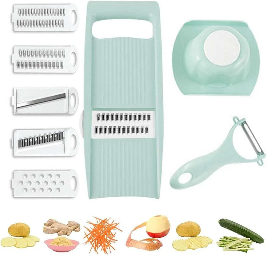 اسلایسر چندکاره 5 در 1 JZS برای آشپزخانه، اسلایسر سبزیجات چند تیغه ای برای چیپس سیب زمینی، رشته کن و پوست کن برای کارهای کوچک در آشپزخانه (آبی) اسلایسر چندکاره 5 در 1 JZS برای آشپزخانه، اسلایسر سبزیجات چند تیغه ای برای چیپس سیب زمینی، رشته کن و پوست کن برای کارهای کوچک در آشپزخانه (آبی)